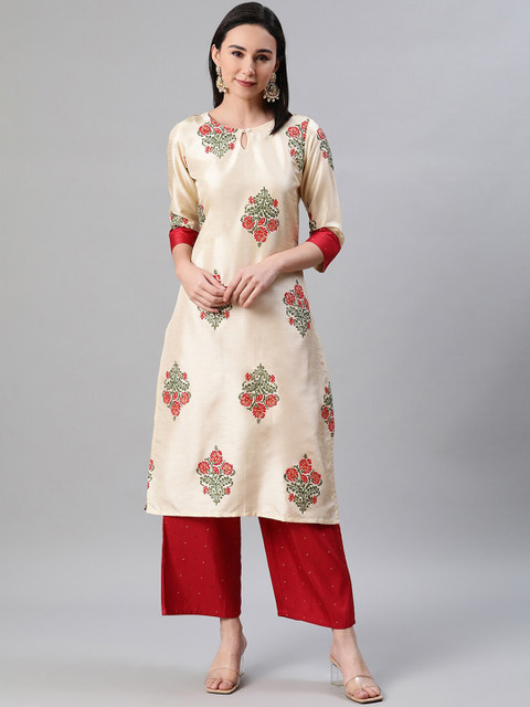 

ZIYAA Women Cream-Coloured & Red Floral Foil Print Keyhole Neck Kurta
