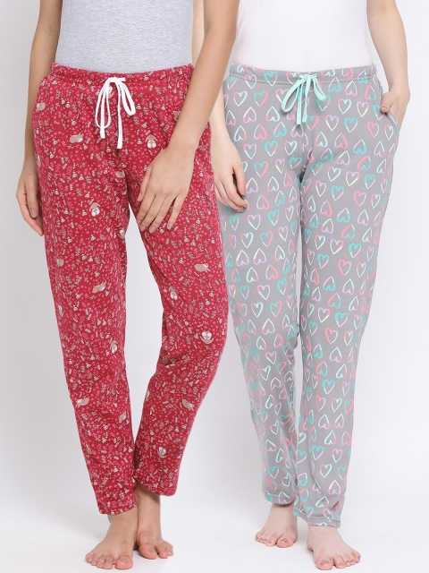 

Kanvin Women Pack of 2 Printed Pure Cotton Lounge Pants, Grey