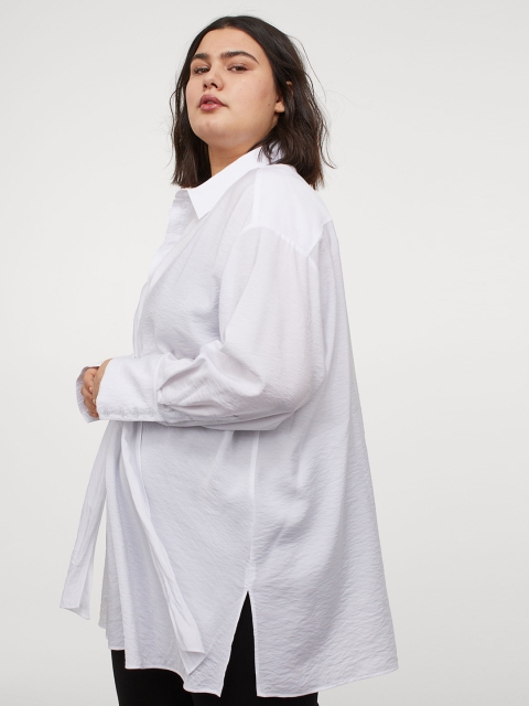 

H&M Women White Solid Long Tie Detail Shirt