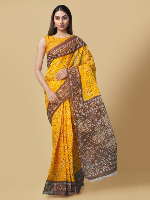 

Unnati Silks Yellow & Maroon Pure Cotton Printed Bandhani Saree