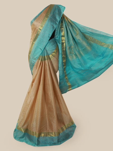 

Pothys Cream-Coloured & Turquoise Blue Pure Silk Printed Saree