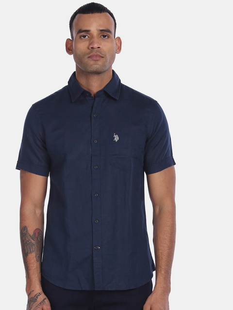 

U.S. Polo Assn. Men Navy Blue Regular Fit Solid Linen Cotton Casual Shirt