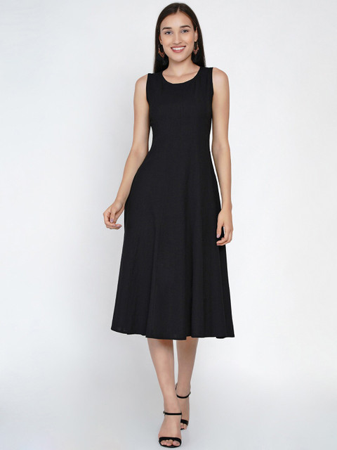 

FABNEST Women Black Solid A-Line Dress