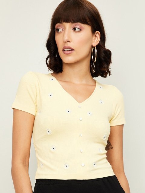 

Ginger by Lifestyle Women Yellow & White Floral Embroidered Regular Top
