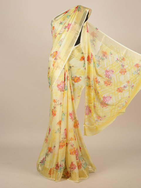 

Pothys Yellow & Pink Poly Chiffon Printed Saree