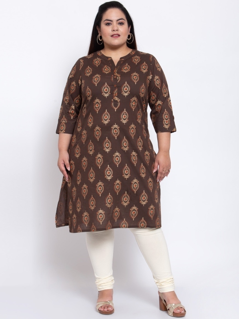 

plusS Women Brown Ethnic Motifs Printed Cotton Kurta