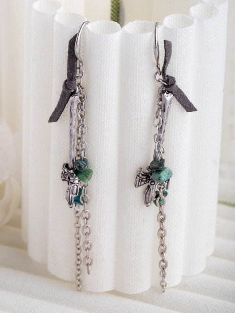 

CRZ Silver-Toned & Green Rhodium-Plated Stone-Studded Contemporary Drop Earrings