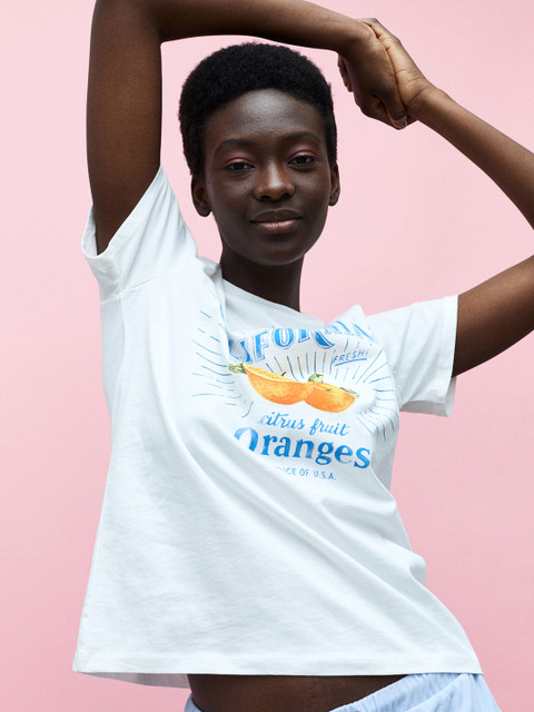 

H&M Women White & Blue Printed T-shirt