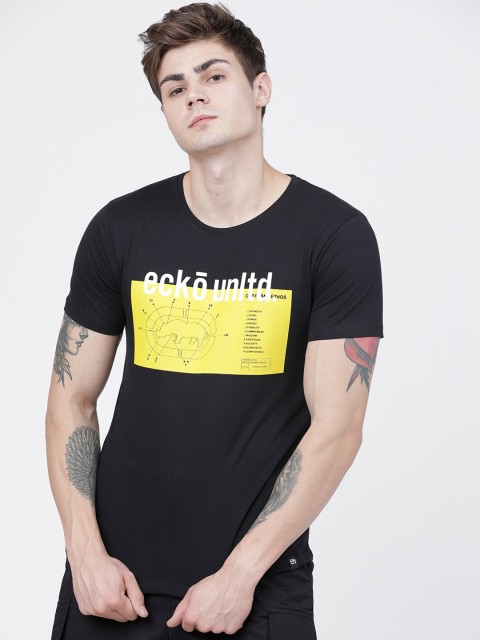 

Ecko Unltd Men Black & Yellow Graphic Print Cotton Slim Fit T-shirt
