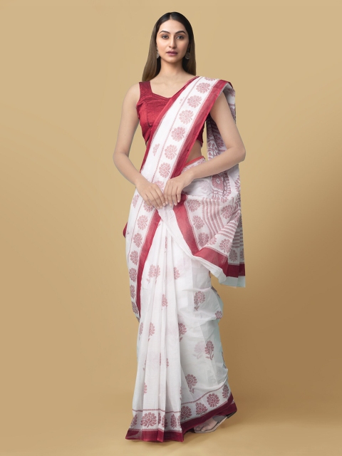 

Unnati Silks White & Red Silk Cotton Printed Chanderi Sustainable Saree