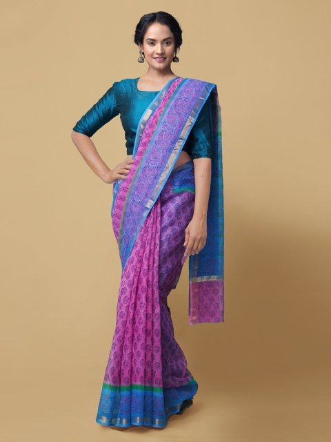

Unnati Silks Pink & Blue Pure Cotton Printed Kota Saree