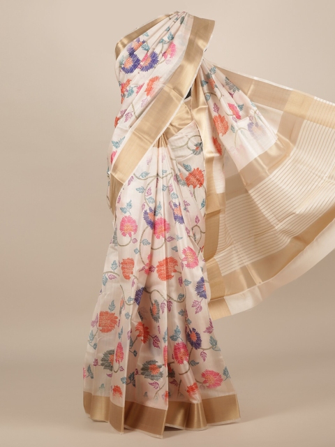 

Pothys Cream-Coloured Floral Printed Jute Silk Saree