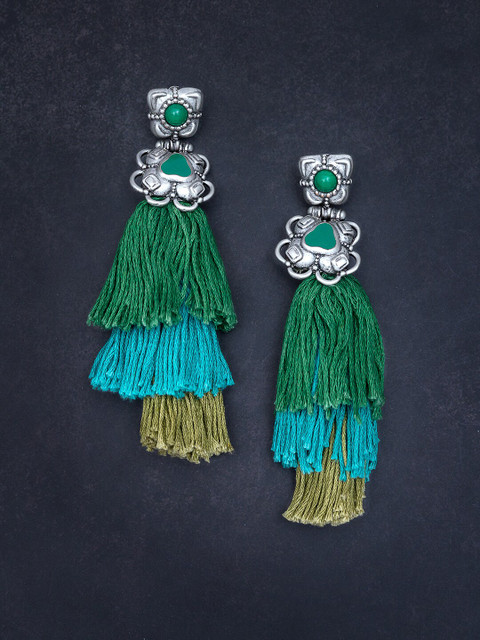 

Golden Peacock Silver-Toned & Green Tasselled Stone-Studded Drop Earrings
