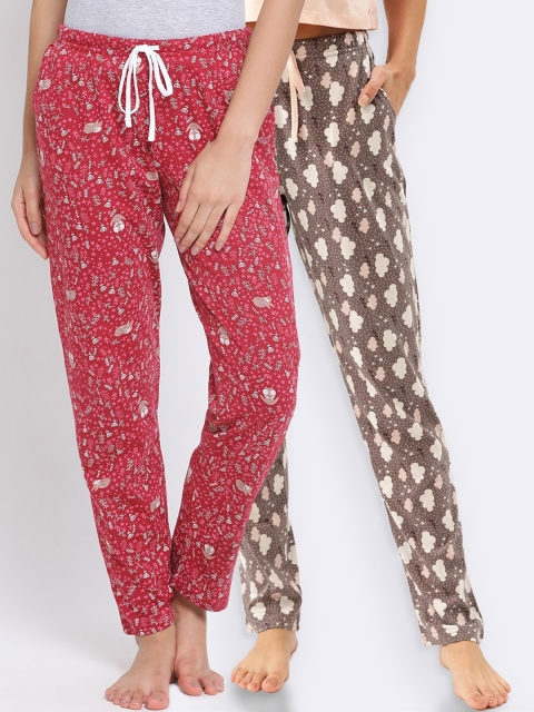 

Kanvin Women Pack of 2 Printed Pure Cotton Lounge Pants, Brown