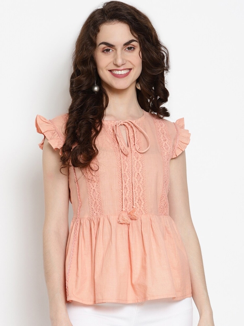 

VANCA ECO Peach-Coloured Tie-Up Neck Flutter Sleeves Sustainable A-Line Top