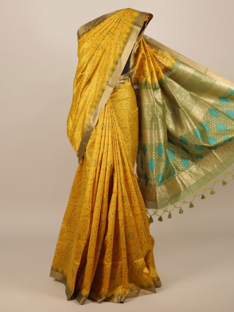 

Pothys Mustard Printed Jute Silk Saree With Tasseled Pallu