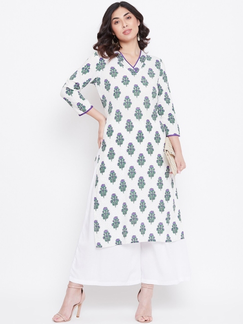 TULIP 21 Women Off-White & Green Floral Print Kurta with Palazzos
