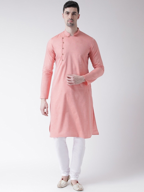

TABARD Men Peach-Coloured & White Woven Design Angrakha Cotton Kurta with Churidar