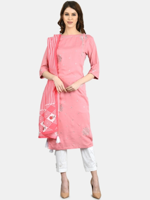 

Myshka Women Pink & White Printed Cotton Thread Work Kurta with Dupatta