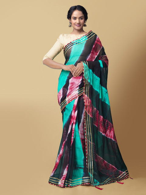 

Unnati Silks Multicoloured Striped Pure Chiffon Saree, Multi