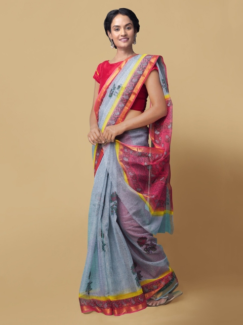 

Unnati Silks Grey & Pink Pure Cotton Printed Kota Saree