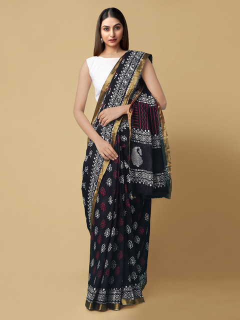 

Unnati Silks Black Pure Cotton Printed Block Print Saree