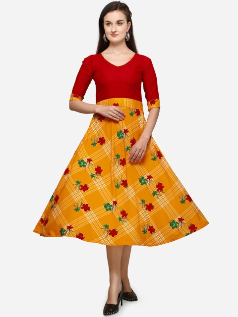 

SAADHVI Women Red & Yellow Printed Fit and Flare Dress