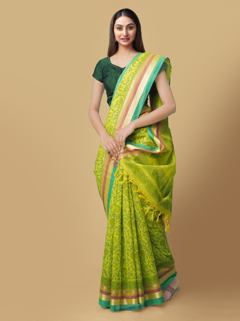 

Unnati Silks Green & Blue Silk Cotton Printed Chanderi Sustainable Saree