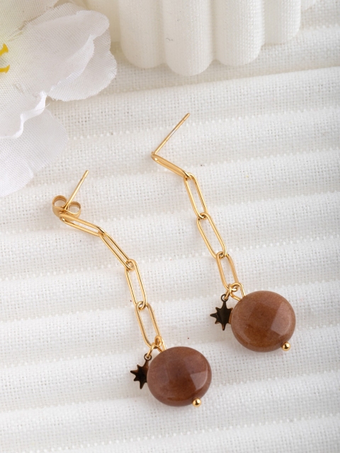 

CRZ Brown Gold-Plated Beaded Link Contemporary Drop Earrings