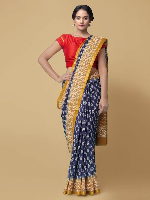 

Unnati Silks Blue & Yellow Pure Cotton Printed Block Print Saree