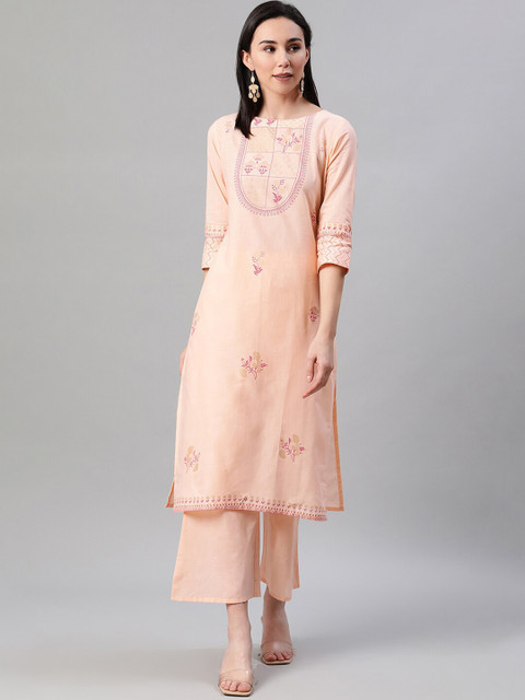 

ZIYAA Women Peach-Coloured & Golden Floral Foil Printed Cotton Kurta