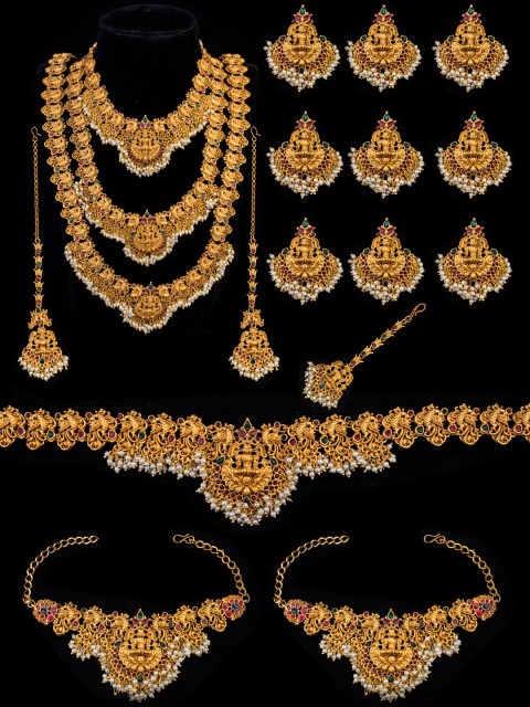

Alankruthi Gold-Plated Pink & Green Stone-Studded White Beaded Lakshmi Peacock Motif Temple Bridal Jewellery Set