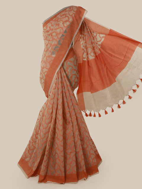 

Pothys Cream-Coloured & Orange Supernet Woven Design Saree