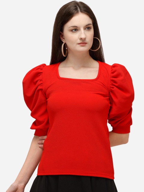 

Clothzy Red Solid Puff Sleeves Regular Top