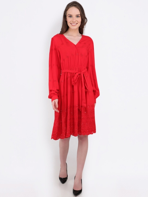 

MARC LOUIS Women Red Floral Embroidered Wrap Dress