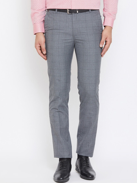 

Canary London Men Grey & White Slim Fit Checked Formal Trousers