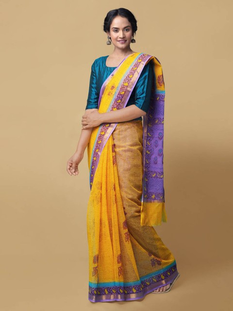 

Unnati Silks Yellow & Purple Pure Cotton Woven Design Kota Saree