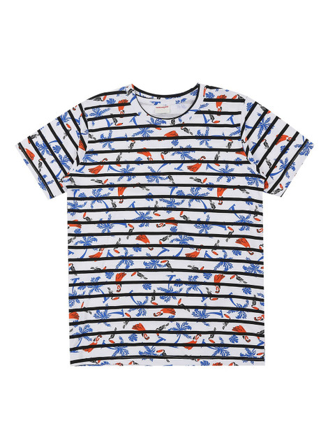 

RAINE AND JAINE Boys White & Black Cotton Striped & Printed Round Neck T-shirt