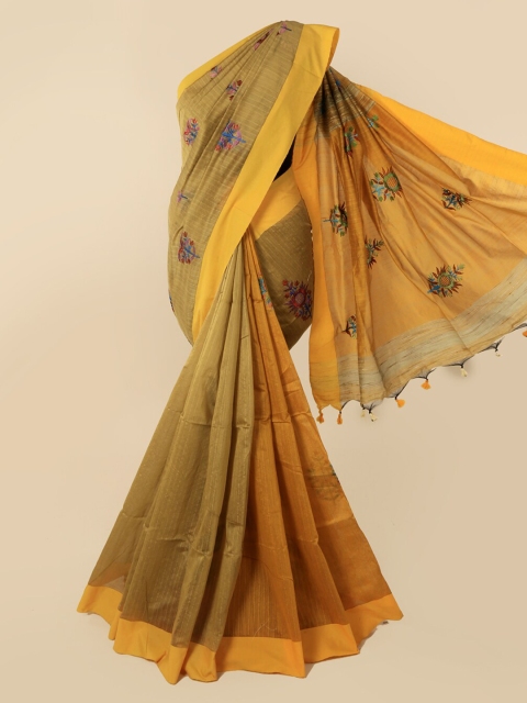 

Pothys Tan & Yellow Cotton Blend Solid Saree