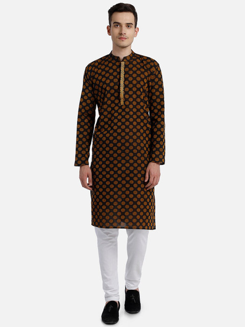 

PAROKSH Men Brown & Black Woven Design Cotton Thread Work Handloom Kurta