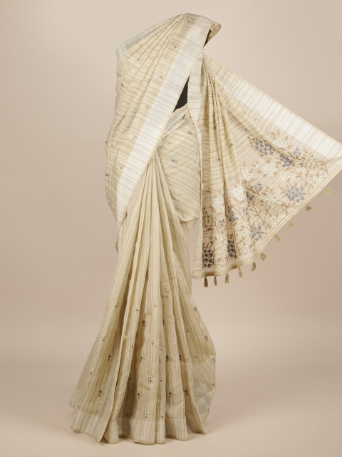 

Pothys Cream-Coloured Embroidered Jute Silk Saree