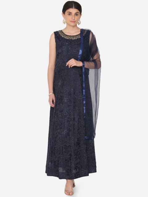 

BOMBAY SELECTIONS Women Navy Blue Embroidered Kurta with Trousers & Dupatta