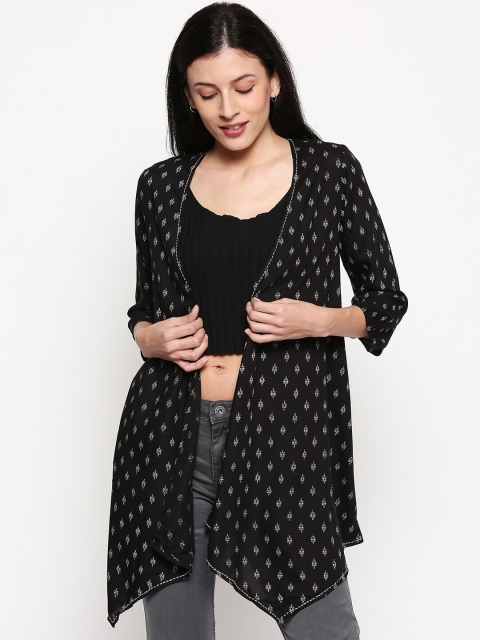 

People Women Black & White Printed Open Front Shrug