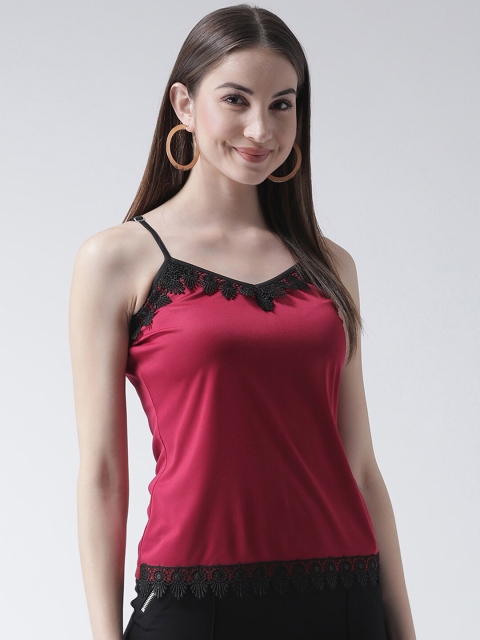 

Texco Women Maroon Solid Shoulder Strap Top With Lace Inserts
