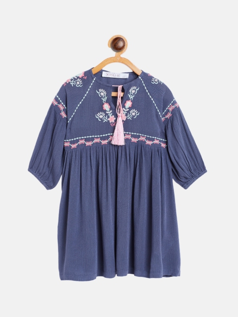 

KIDKLO Girls Blue Solid Bohemian Fit and Flare Dress