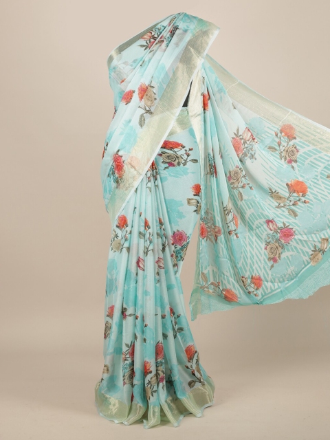 

Pothys Turquoise Blue Floral Printed Poly Chiffon Saree