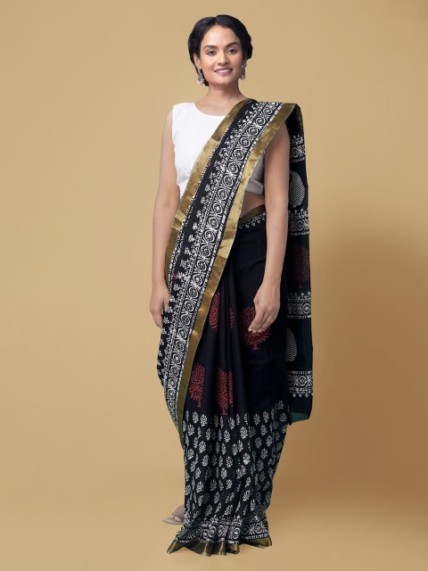 

Unnati Silks Black Pure Cotton Printed Block Print Sustainable Saree