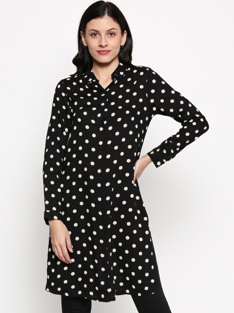 

People Women Black & White Polka Dot Print Longline Shirt Style Top