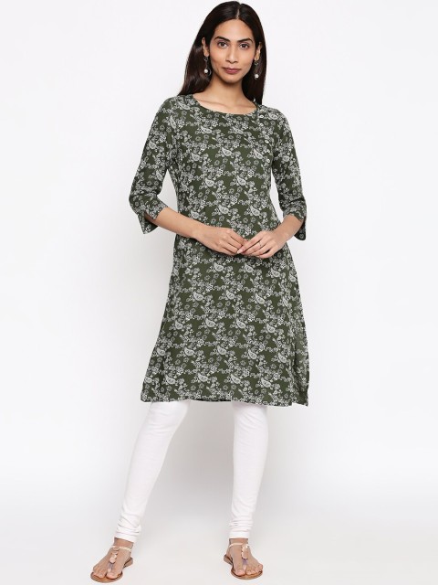 

People Women Olive Green & Off White Pure Cotton Ethnic Motifs Printed Kurta