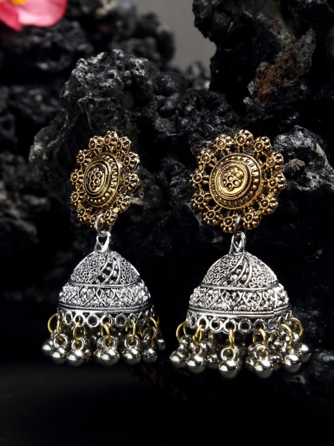 

NEUDIS Gold-Toned & Silver-Toned Oxidised Antique Dome Shaped Jhumkas